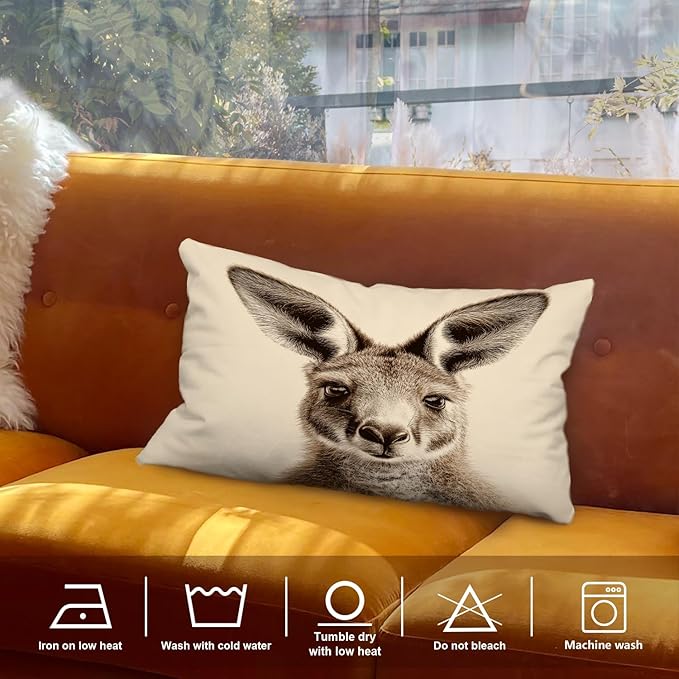 Shrahala Cute Kangaroo Decorative Throw Pillow Cover, Sepia Toned Kangaroo Portrait Lumbar Pillowcase Blended Double-Sided No Inserts for Bedroom Living Room Set of 2 (12 x 20 in)