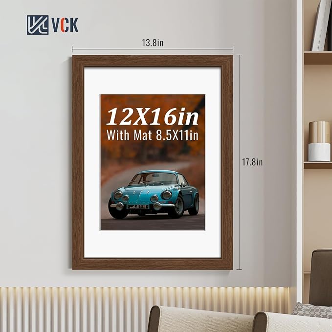 VCK 12x16 Picture Frames Brown 3 Pack, Wide Border Wood, Tempered Glass, Display 8.5x11 Photo with Mat or 12 x 16 without, for Home, Office, Gallery, Woodgrain Series, Wall Hanging