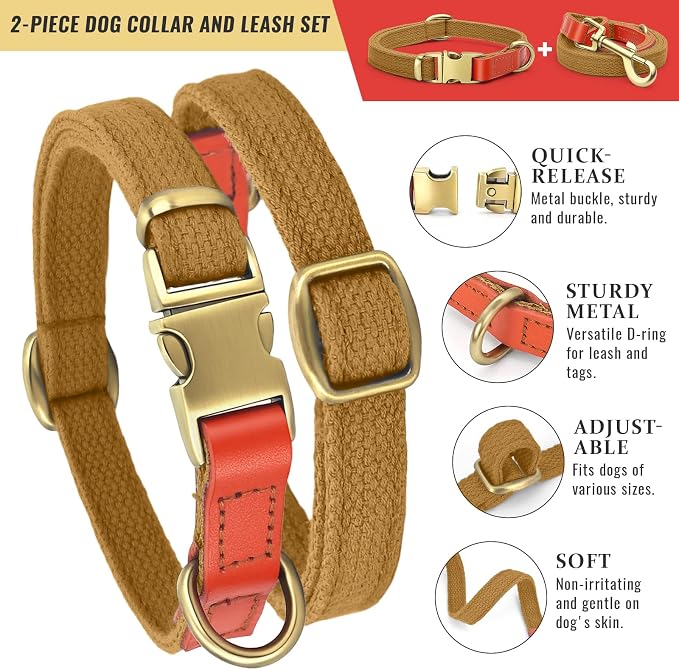 Dog Collar and Leash Set with Metal Quick Release Buckle, Adjustable, Breathable Nylon, Durable, Soft and Comfortable, No Pull for Walking and Training, Khaki, M (12.6"-19.6")