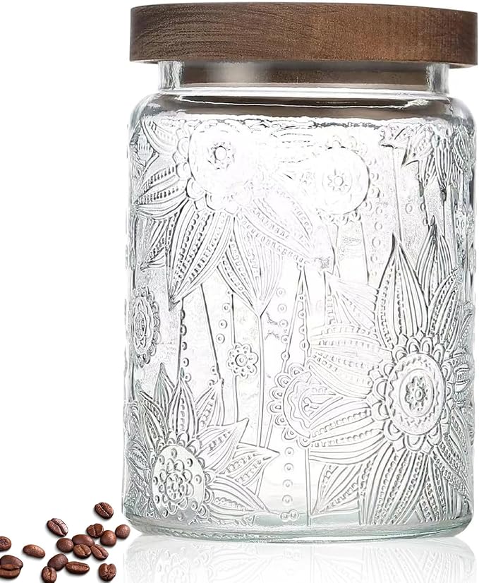 24 OZ Airtight Glass Storage Jar with Bamboo Lid - Vintage Glass Jar Vintage Food Containers Canisters Set for Kitchen Counter & Pantry - Ideal for Sugar, Flour, Coffee, Tea, Candy, Oats, Cereal | 24oz Decorative Container Set with Silicone-Sealed Bamb...