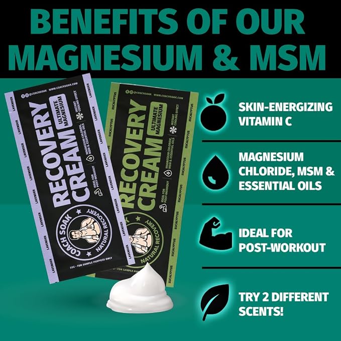 Coach Soak Magnesium Lotion Trial Pack - 0.04 lb (Pack of 2) | Eucalyptus & Lavender Scented Magnesium Chloride & MSM Cream for Athlete Recovery