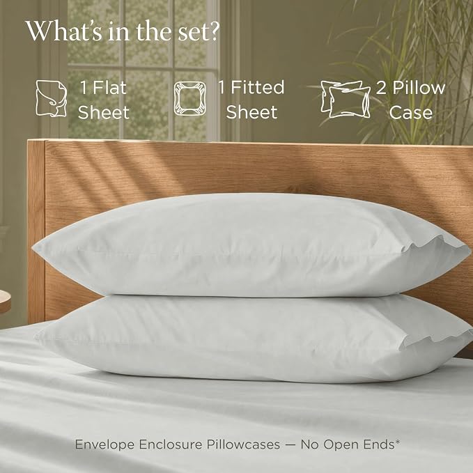 Threadmill Premium Organic Cotton Sheets - GOTS Certified - California King, 4 Piece, Light Grey - Healthy Bedding for All Types of Skin - Soft and Cool Bedset with Snug Fit for 16" Deep Pocket