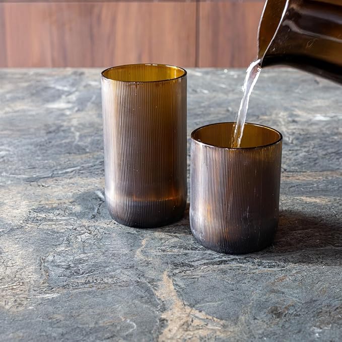 IWAS Upcycled Short Amber Drinking Glasses, Short, 8.45 oz / 250 ml, Set of 4 Rustic Grooved Cups, Handcrafted Sustainable Glassware