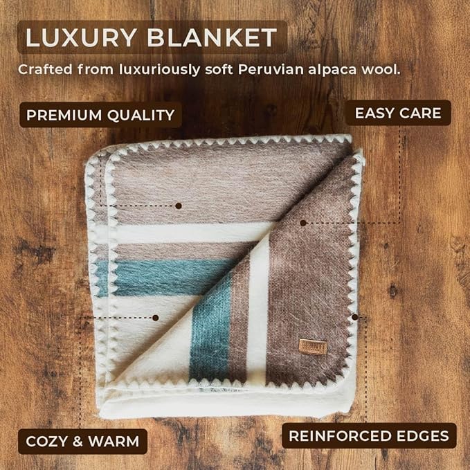 Alpaca Wool Throw Blanket | Ultra Soft, Lightweight, Warm, Breathable, Non-Itchy | Classic, Elegant-Minimalist Design for Bed, Couch, Travel, or Gift | 64" L x 45" W (Earth Tones)