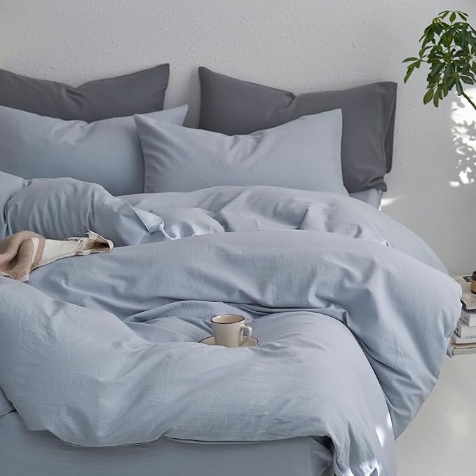 MooMee Bedding Duvet Cover Set 100% Washed Cotton Linen Twill Thick Sturdy Material Super Soft Breathable Durable for All Season 3 Pieces (Cornflower Blue, Queen)
