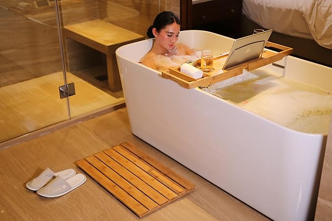 GOBAM Bamboo Bath Mat, Large, 26 x 15.8 x 1.3 inches - Non-Slip - Floor Mat for Bathroom, Spa, Sauna, Kitchen, Indoor & Outdoor Spaces, Shower Mat for Bathroom Decor - Natural