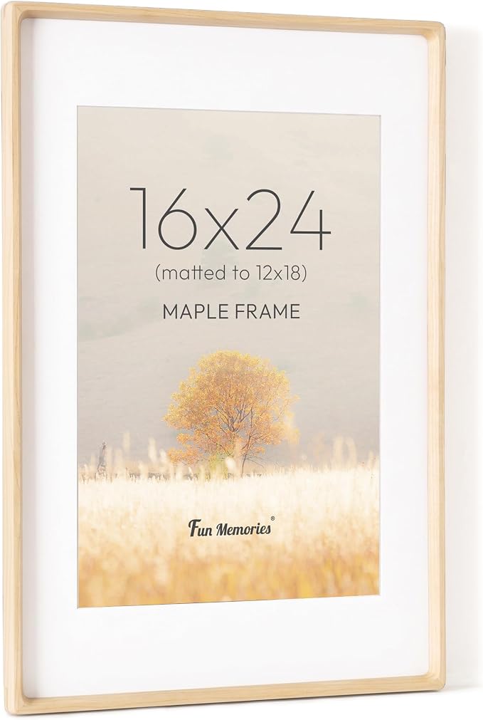 16x24 Poster Frame, USA-Sourced Maple Wood Picture Frame with HD Tempered Glass, Handcrafted Rounded Corner 16 x 24 Wooden Frame Matted to 12x18 Photos, Horizontal or Vertical Wall Display