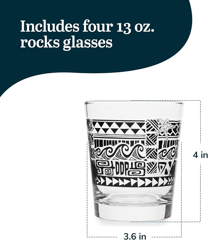 Libbey Tiki Rocks Glass Cups Set, Vintage Drink Ware Set of 4, Exotic, Dishwasher Safe Old Fashioned Glass Set for Backyard Luau or Pool Party
