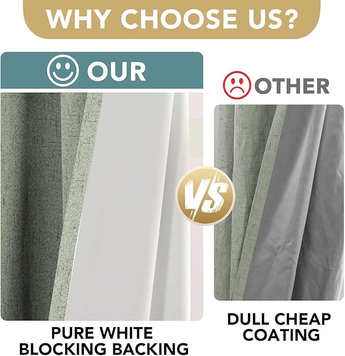 H.VERSAILTEX Linen Curtains 100% Blackout Curtains for Bedroom 102 inch Long Full Light Blocking Nature Linen Blended Window Curtains for Living Room Nickel Grommet (2 Panels, Sage)