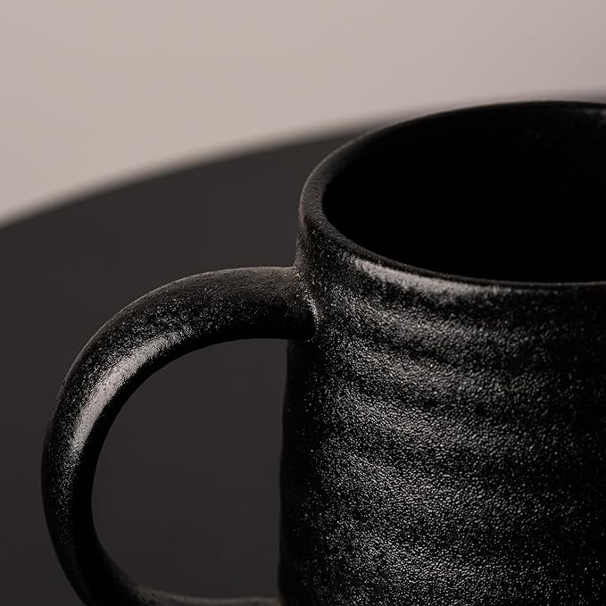 15.5 Oz Large Textured Matte Black Glaze Ceramic Mug, Heavy Weighted Stoneware Coffee Cup, Wide Base, Thick Wall Big Tea Cup with Custom Package Box, Microwave & Dishwasher Safe (Black)