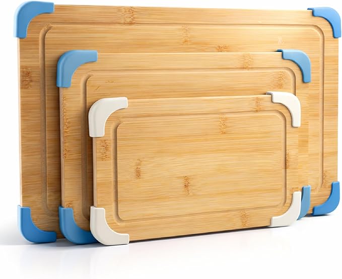 COOK WITH COLOR Non-Slip Cutting Board Set – Kitchen Essentials with Easy Grip Handle for Meat, Veggies, and Fruits, 3 Cutting Boards, Bamboo Non-Slip Light Blue