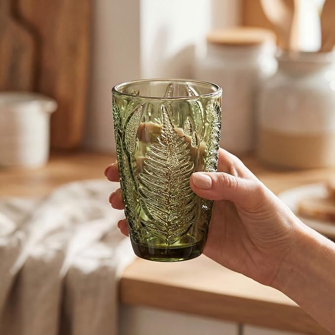 Green Drinking Glasses Set of 8, 12 oz Vintage Hand-Pressed Glass Cups, Fern Textured Highball Tumblers, Antique Style Boho Glassware for Water, Juice, Cocktails & Mocktails, Housewarming Gift Set