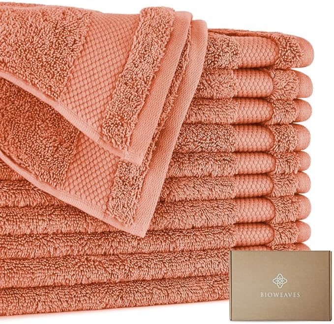 BIOWEAVES 100% Organic Cotton 700 GSM Plush Premium Washcloths 13" x 13" GOTS Certified, Face Towels Perfect for Home & Bathroom - Burnt Orange, Pack of 12