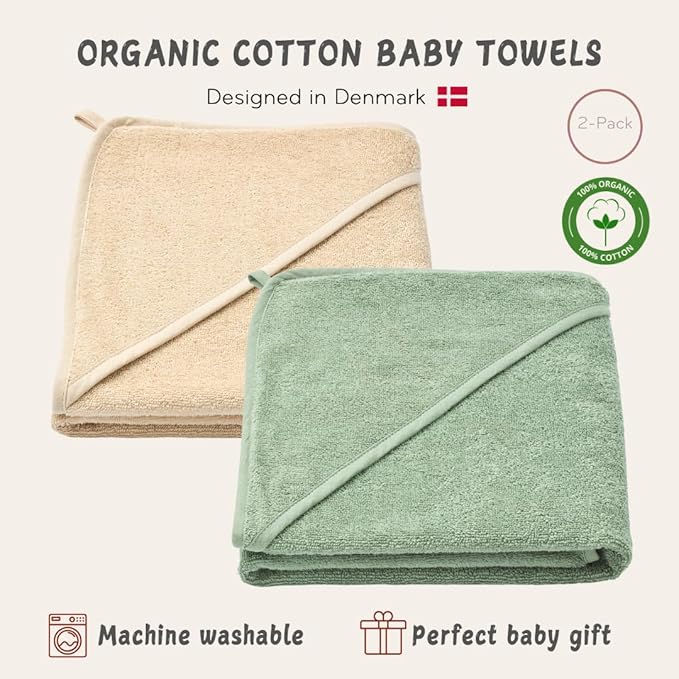 Hooded Baby Towels – 100% Organic Cotton Baby Bath Towels – Baby Boy and Girl Newborn Essentials - Super-Soft and Absorbent.(2-Pack Fog and Roman Green)