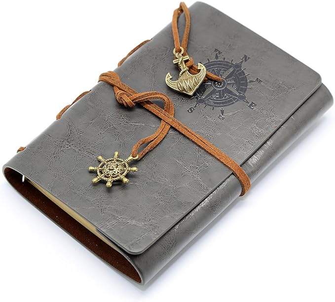 EvZ Retro Gray Leather Journal - 5" Refillable Vintage Nautical Notebook with Anchor & Rudder Pendants - Small Spiral Blank Sketchbook for Travel, Daily Planning & Art - Classic Embossed Diary, Slate Gray