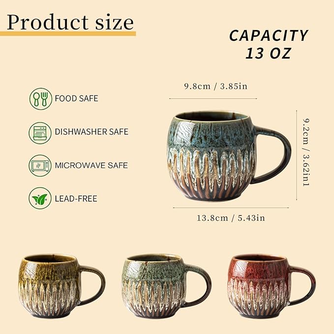 13oz Large Coffee Mug - Unique Handcrafted Look Ceramic Cup, Large Tea Mug, Microwave & Dishwasher Safe (blue,Set of 4)