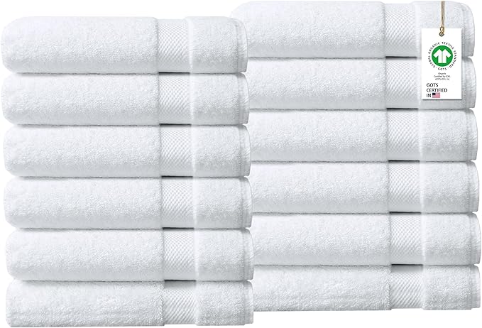 100% Organic Cotton Towels 650 GSM Plush Feather Touch Quick Dry Wash Cloth, Pack of 12 GOTS Certified, Oeko-Tex Green Certified, Organic Cotton Wash Cloth, 13"X13"