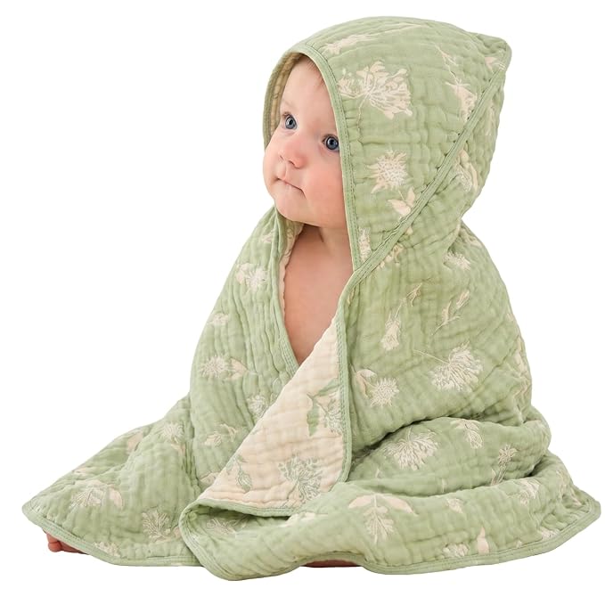 Ultra-Soft Muslin Baby Hooded Towel - 32 x 32 Inches, Ideal for Bath & Beach, Suitable for Both Boys & Girls from Newborns to Toddlers (Sage Green Floral)