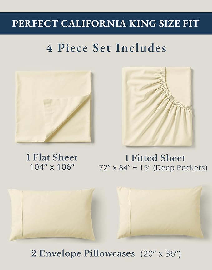 LANE LINEN 100% Organic Cotton California King Sheets Set, 4-Piece Pure Organic Cotton Long Staple Percale Weave Soft Best Bedding Sheets for Bed, Breathable, Fits Mattress Upto 15" Deep - Natural