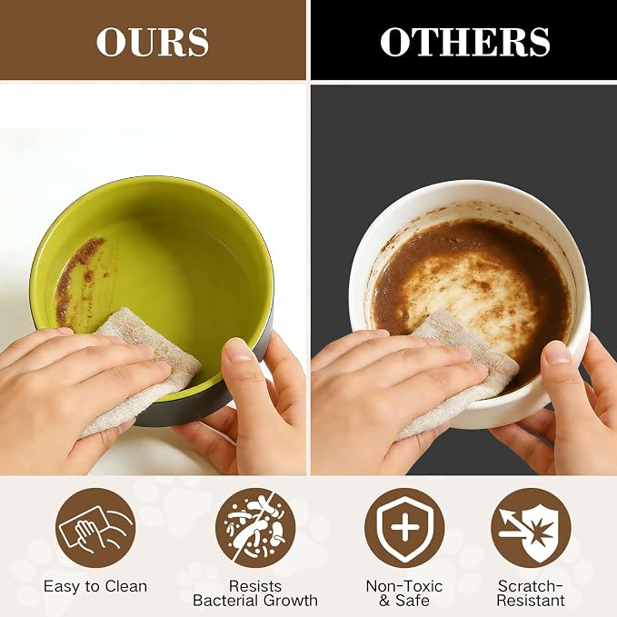 Ceramic Dog and Cat Bowl Set with Wooden Stand Matte Glaze Elevated Food Water Set Anti-Tip Non-Slip Weighted for Cats Small Breed Dogs-Green-13.3OZ
