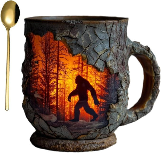 Bigfoot Forest Flame Tree Bark Mug – Handmade 3D Ceramic Coffee Cup, Unique Bigfoot Gift for Outdoor Lovers (Gorilla Mug)