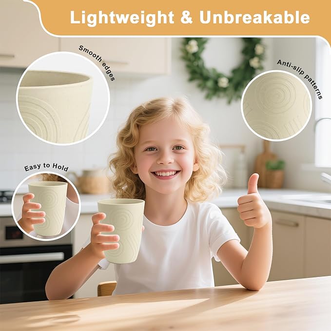12 oz Wheat Straw Cups Set of 6, Alternatives to Plastic Cups Reusable, Unbreakable Water Cups, Dishwasher Safe Kitchen Cup, Small Water Cups for Kitchen (Beige)
