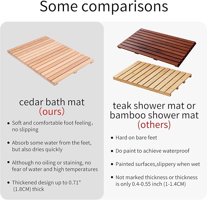 bingaai Cedar Wood Shower Mat, Cedar Wooden Bath Mats, Wood Bath Mat 31.5 × 23.6 in, Shower Stall Mat Non-Slip for Bathroom Bathtub Spa Sauna Garden Home, Wooden Floor Mat Large for Indoor and Outdoor