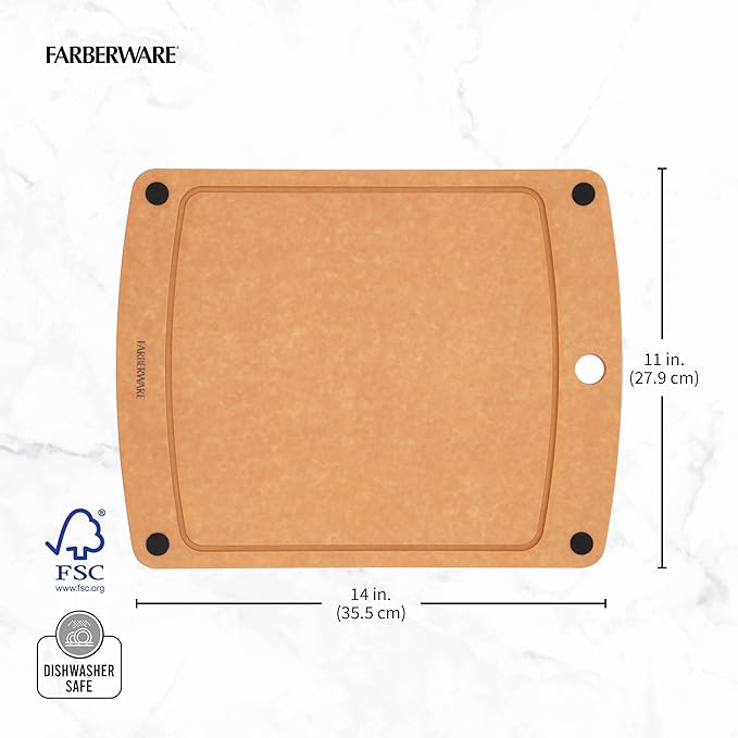 Farberware 11x14 Inch Wood Fiber Cutting Board, Dual-Sided, Knife Friendly, Non-Slip Corners, Juice Groove, Heat Resistant, Dishwasher Safe, Durable Prep Surface for Chopping and Slicing
