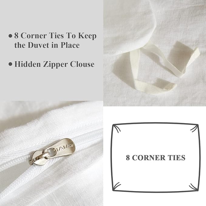 Ivellow White Linen Duvet Cover King 100% Pure Washed French Flax Linen 3Pcs (King Duvet Cover, 2 Pillow Shams)