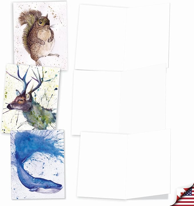 The Best Card Company - Assorted All Occasions Animal Watercolor Blank Greeting Notecard Box Set - Incl. 10 Unique Designs + Envelopes, Thank You, Invitations - Wildlife Splash AM2954OCB-B1x10