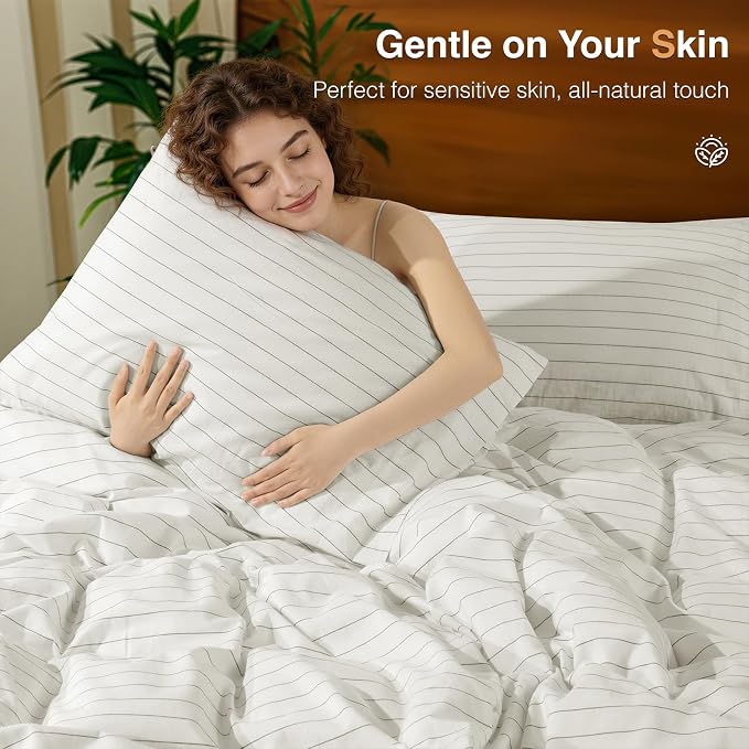 SONORO KATE 100% French Linen Duvet Cover King Size, Soft Breathable for Hot Sleepers, Moisture Wicking & Durable Cover Set - Zipper Closure & 4 Corner Ties - 3 PC (White & Dark Grey Stripes)