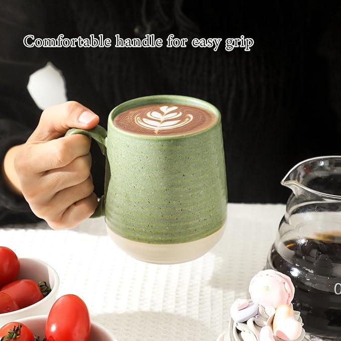 HASENSE Porcelain Coffee Mugs Set of 4, 15 Oz Large Coffee Cups, Latte Cup with Handle, Tea Mugs for Men and Women, Modern Coffee Mug for Cappuccino, Milk, Cocoa, Microwave & Dishwasher Safe, Green