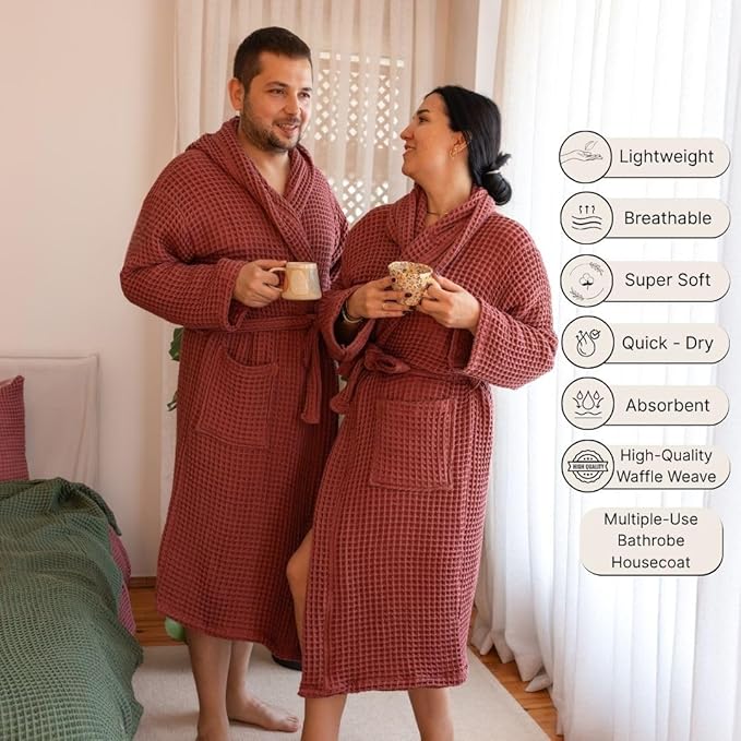 Unisex Hooded Waffle Robe for Women & Men 100% Turkish Cotton | Quick-Dry Bathrobe | Cozy Housecoat for Lounging
