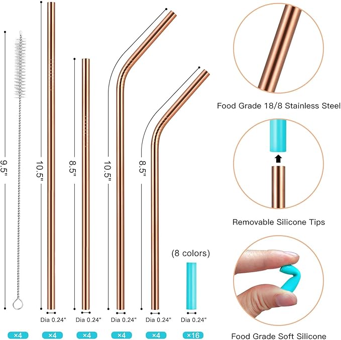 StrawExpert Set of 16 Reusable Stainless Steel Straws with Travel Case Cleaning Brush Silicone Tips Eco Friendly Extra Long Metal Straws Drinking for 20 24 30 oz Tumbler, Rose Gold