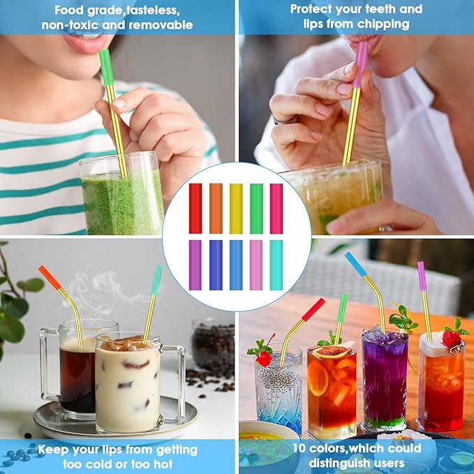 20 Pcs Gold Reusable Stainless Steel Straws,10.5" & 8.5" Reusable Drinking Straws with 20 Silicone Tips 5 Straw Brushes 1 Travel Case,Eco Friendly Extra Long Metal Straw for 20 24 30 oz Tumbler