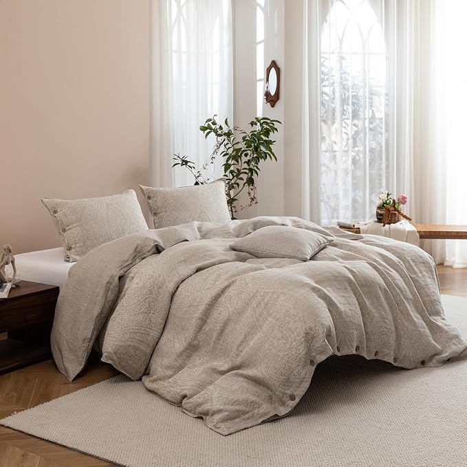 EVERLY 100% Pure Linen Duvet Cover Set King Size 104X90Inch 3pcs (1 Duvet Cover,2 Pillowcases) Soft and Breathable for All Season with Coconut Button Closure, Suitable for Hot Sleepers-Linen King