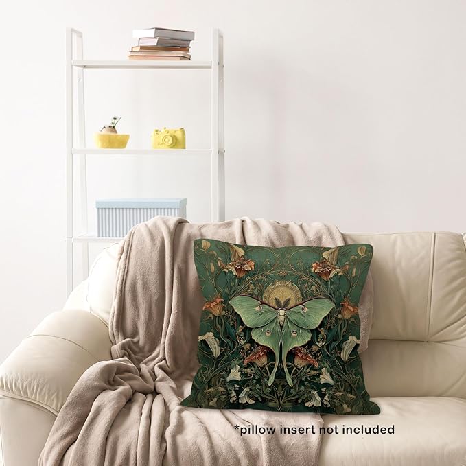 Vintage Luna Moth Throw Pillow Cover Gifts 18x18, Cottagecore Floral Decor Pillow Cases for Bedroom Living Room, Green Mystical Gothic Art Nouveau Square Pillowcases for Couch Bed Sofa