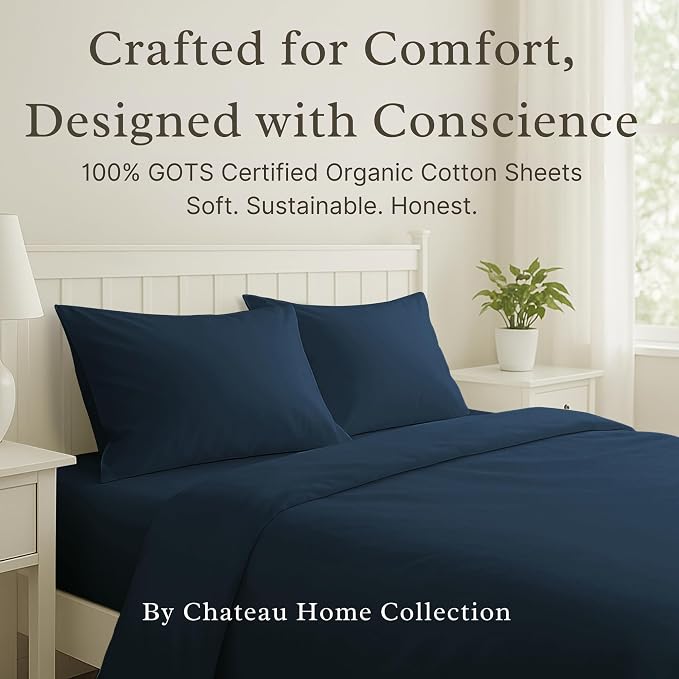 CHATEAU HOME COLLECTION 100% Organic Cotton King Sheets Deep Pocket - 300 TC GOTS Certified King Size Sheets Set Cotton, Soft Breathable Naturally Cool Low Pill Bedsheets- Navy