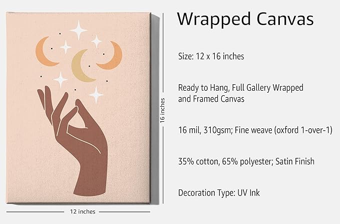 Mystical Hand Wrapped Canvas Wall Art Celestial Moon and Stars Earth Tones Terracotta 12x16 Inch Gallery Stretched Modern Spiritual Home Art Decor