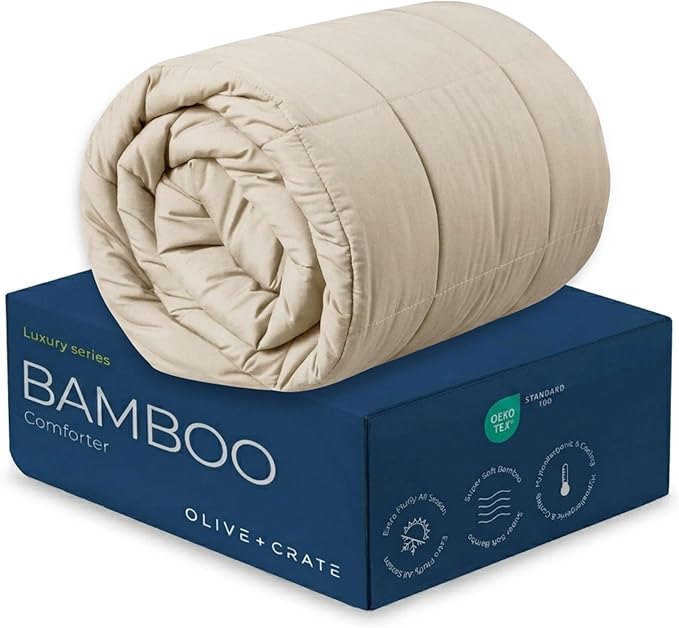Olive + Crate Cooling Down Alternative Comforter - Hypoallergenic King Size Duvet Insert Lightweight - All Seasons Plush Design Bamboo Comforter - 100% Bamboo Viscose Outer Cover - Beige 102"x90"