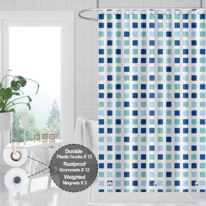 Plastic Shower Liner - Premium PEVA 4G Shower Curtain Liner with Rustproof Grommets and 3 Weighted Magnets, Waterproof Shower Curtains for Bathroom (Blue-Green Square)
