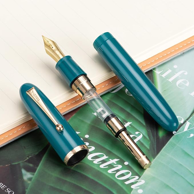 Jinhao 9019 DaDao Series Fountain Pen, Size 8 Fine Heartbeat Nib with Large Ink Converter, Lake Blue Acrylic Design Smooth Writing Pen (Gold Trim)