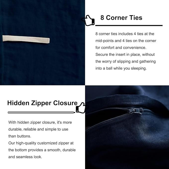 TOSMO Linen Duvet Cover Set, 100% French Flax Natural Linen Bedding 3pcs Set, Soft Breathable for Hot Sleepers 1 Duvet Cover and 2 Pillowcases (Navy, King)