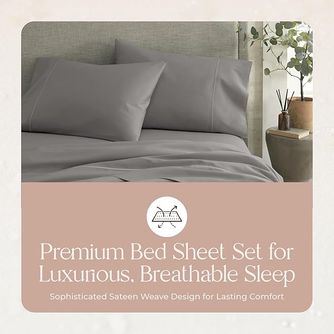 100% Organic Cotton Sheets Twin Size - GOTS Certified Organic Bed Sheets with Deep Pocket 300 Thread Count & Cozy Sateen Weave Gets Softer with Each Wash - Luxury 3 Piece Set (Stone, Twin)