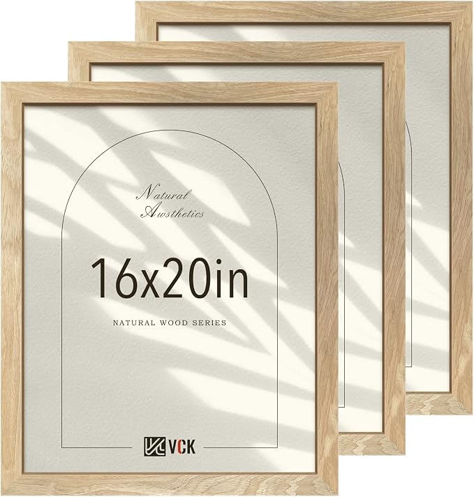 VCK 16x20 Poster Frames for Wall - 3 pack, Beige Natural Solid Wood Picture Frame, Exclusive Wood Grain