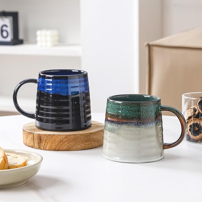 Large Ceramic Coffee Mug, Handmade Pottery Mugs, Tea Cups with Big Handle for Office and Home, 15.5 oz, Dishwasher and Microwave Safe (Star Blue)