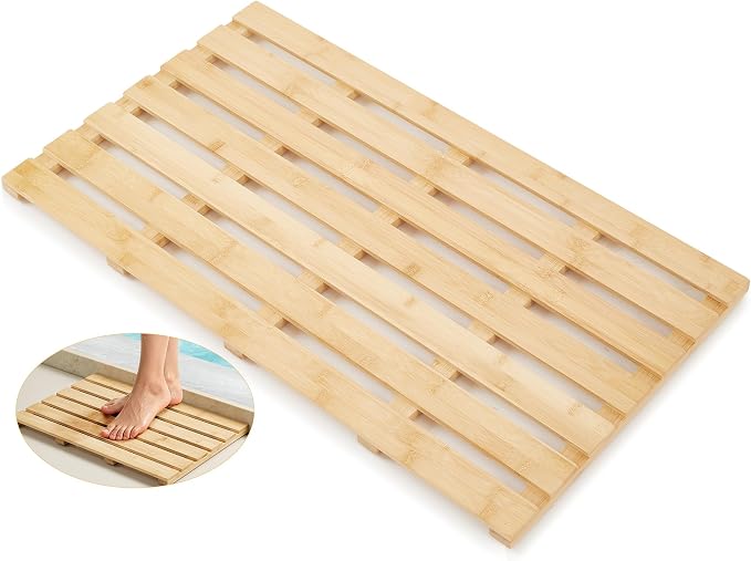 Bamboo Bath Mat, Non-Slip Waterproof Shower Mat with Rubber Feet Luxury Spa-Grade Wooden Floor Mat for Bathroom, Bathtub, Sauna, Indoor & Outdoor Use