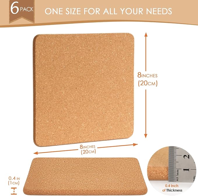 Cork Trivets for Hot Pots and Pans, 6 Pack High-Density Thick Square Pads for Dishes, 8" x 8" Heat Resistant Multifunctional Coasters for Kitchen Countertop Table Cork Hot Pads Trivets for Hot Dishes