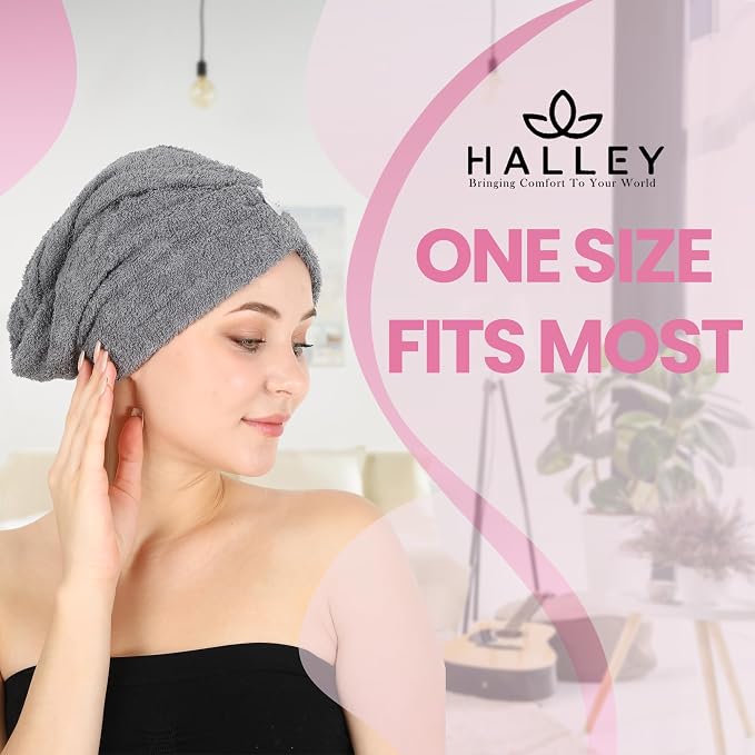 HALLEY Cotton Hair Towel Wrap (3 Packs) Super Absorbent Fast Drying Turbans for Thick, Wet Hair with Button (Black, White, Grey)