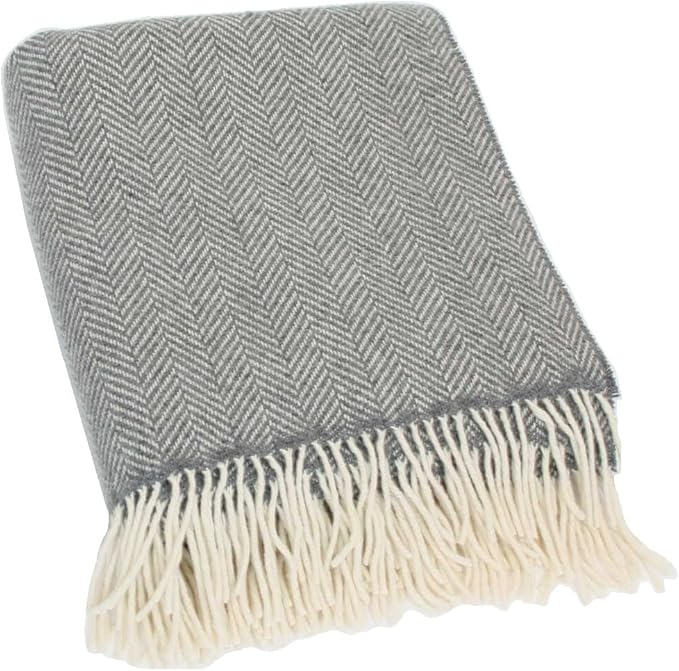 Biddy Murphy Irish Merino and Cashmere Wool Throw Blanket, Made in Ireland, Heirloom Quality, 54" x 71", Grey Herringbone Pattern